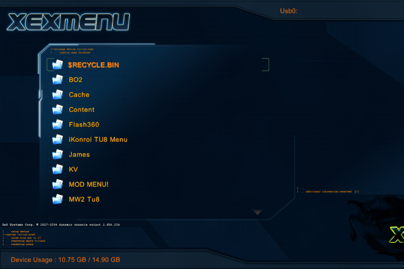 Интерфейс программы XeXMenu на Xbox 360 с Freeboot